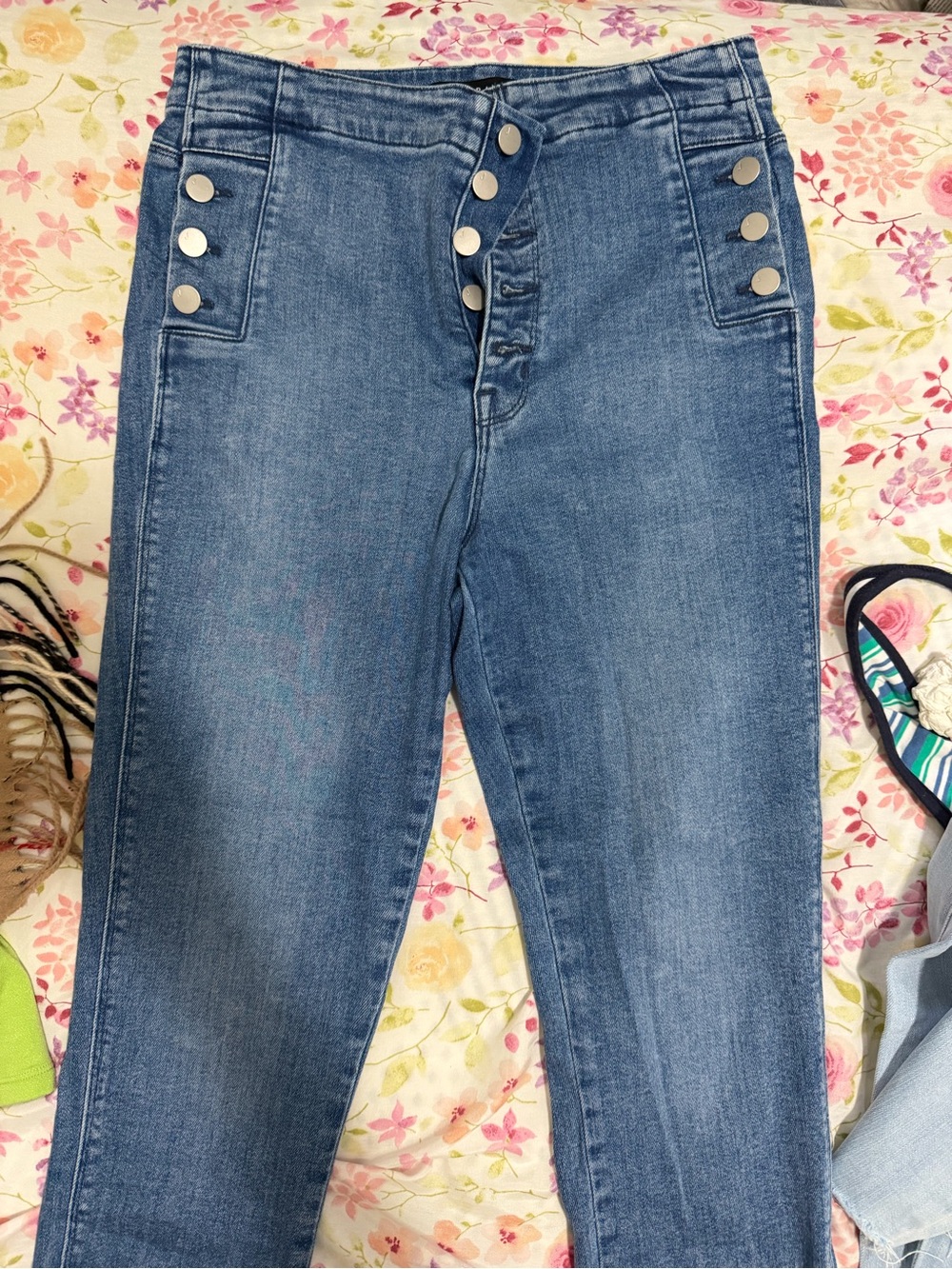 J Brand Mid Blue High-Rise Skinny Jeans with Silver Buttons